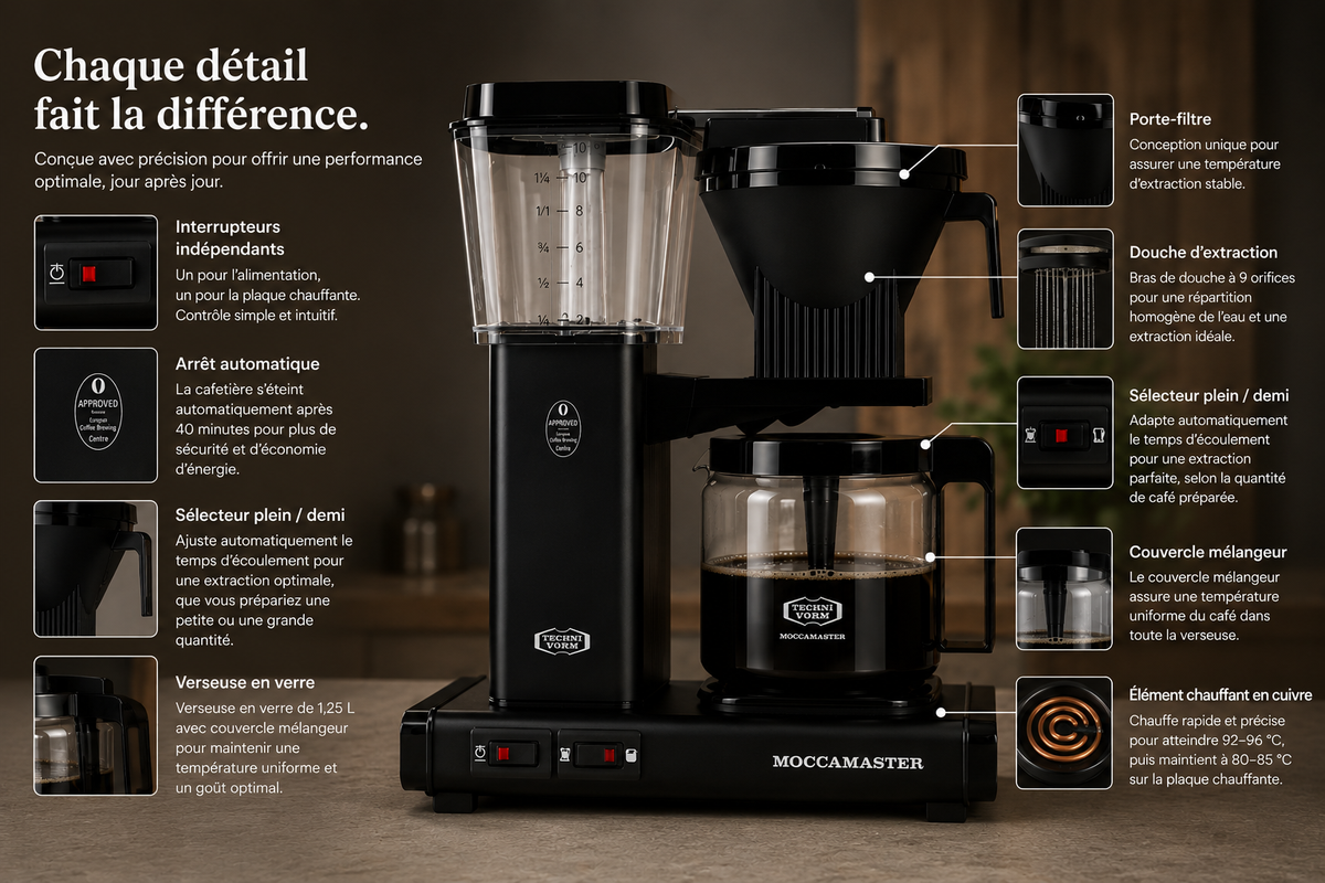 Détail des éléments de la Moccamaster KBG Select : porte-filtre, douche d'extraction et sélecteur demi-carafe
