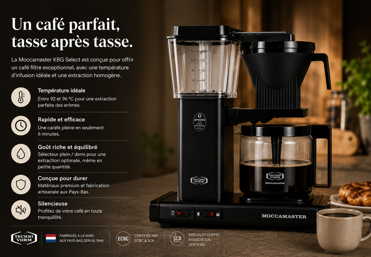 Cafetière filtre Moccamaster KBG Select noir mat : température d'infusion constante, carafe prête en 6 minutes et certifications ECBC et SCA