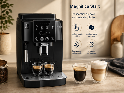 De'Longhi Magnifica Start FEB2221.B : interface tactile, café en grains ou moulu, buse vapeur traditionnelle et moulin 13 niveaux