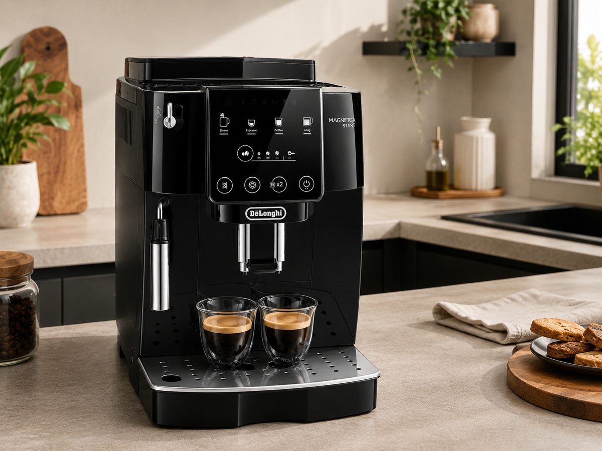 De'Longhi Magnifica Start FEB2221.B noire posée sur un plan de travail, préparation de deux tasses d'espresso