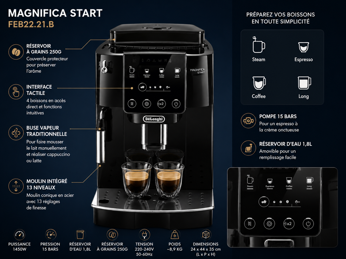 Fiche technique De'Longhi Magnifica Start FEB2221.B : réservoir à grains 250 g, réservoir d'eau 1,8 L, moulin 13 niveaux, pompe 15 bars