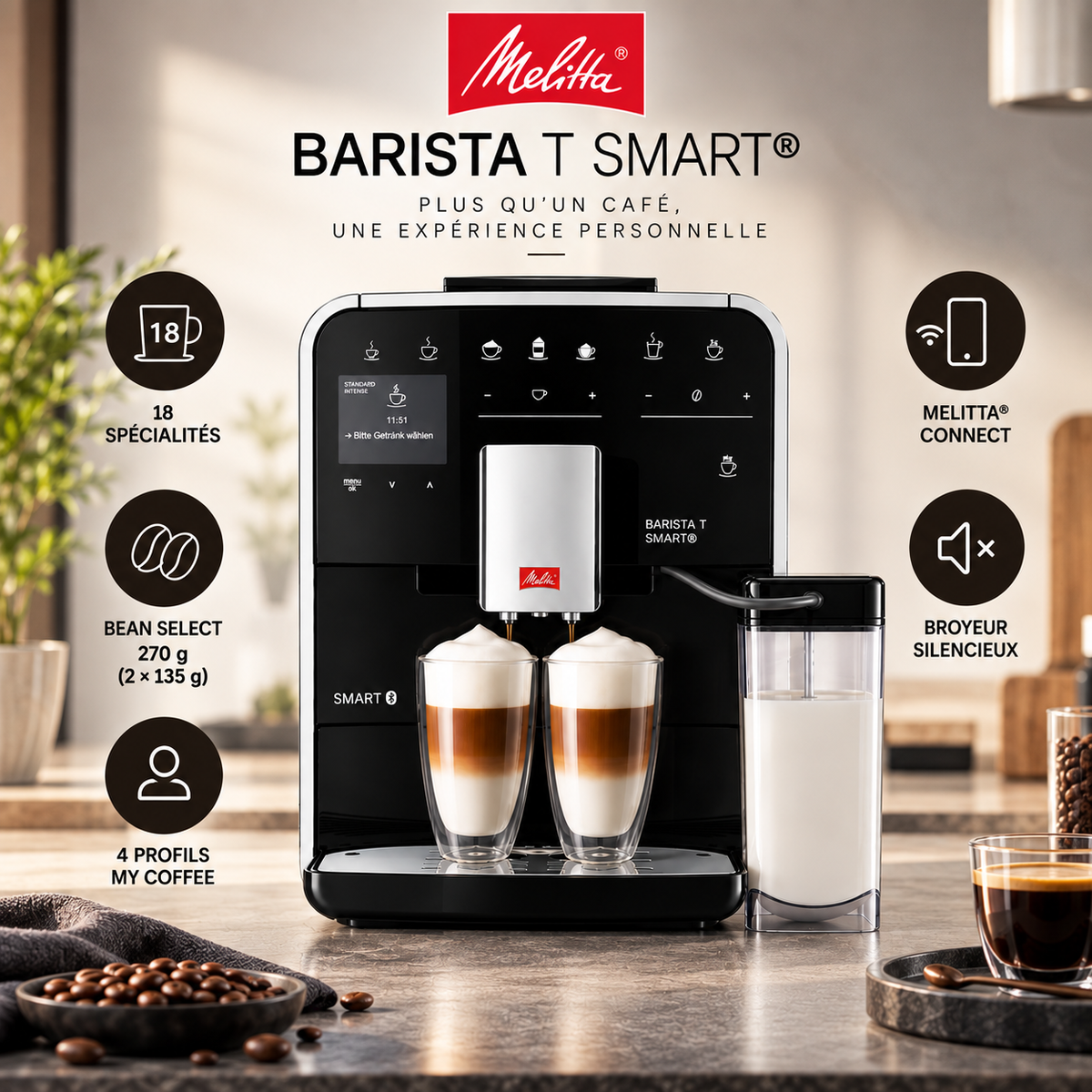 Points forts de la Melitta Barista T Smart® Noir : recettes, Bean Select et Melitta Connect