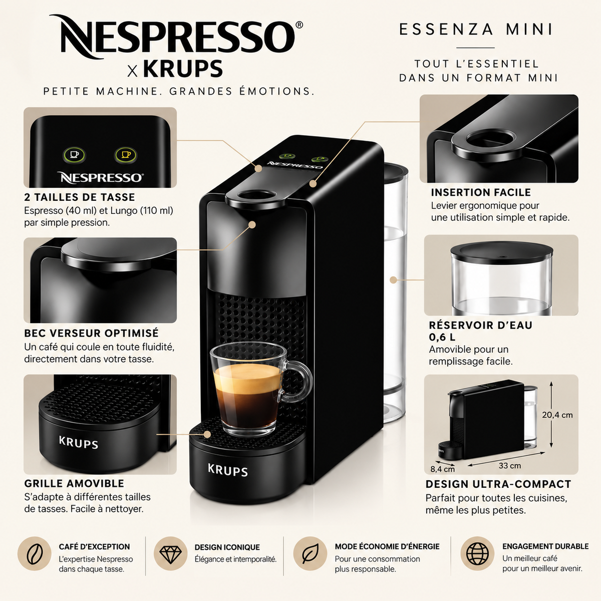 Nespresso Essenza Mini noire par Krups – détails, réservoir 0,6 L et dimensions